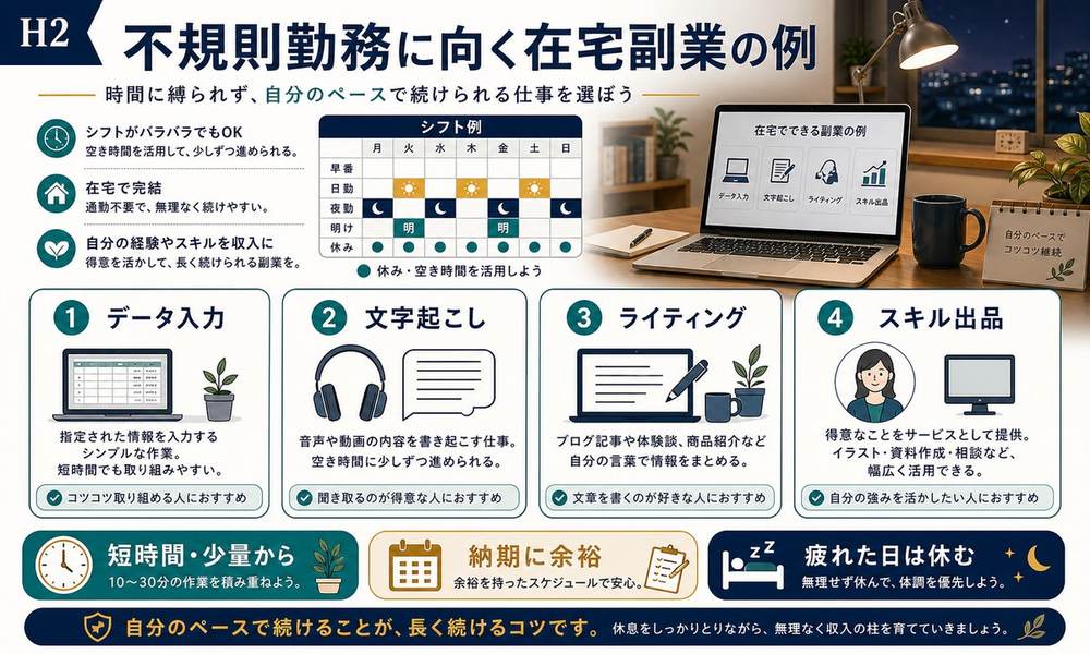 不規則勤務に向くデータ入力、文字起こし、ライティング、スキル出品の在宅副業例の図解