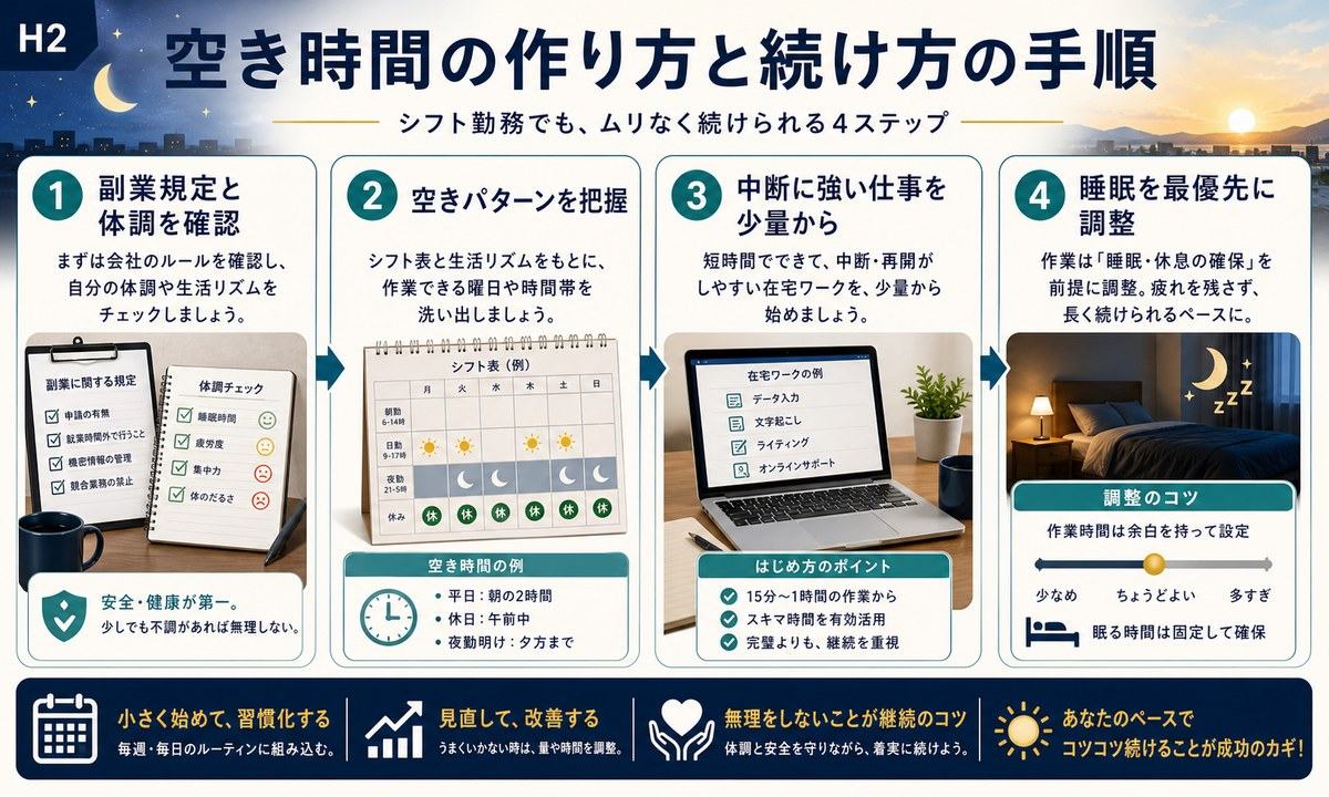 副業規定と体調を確認し空きパターンを把握し中断に強い仕事を少量から選び睡眠を最優先に調整する手順図解