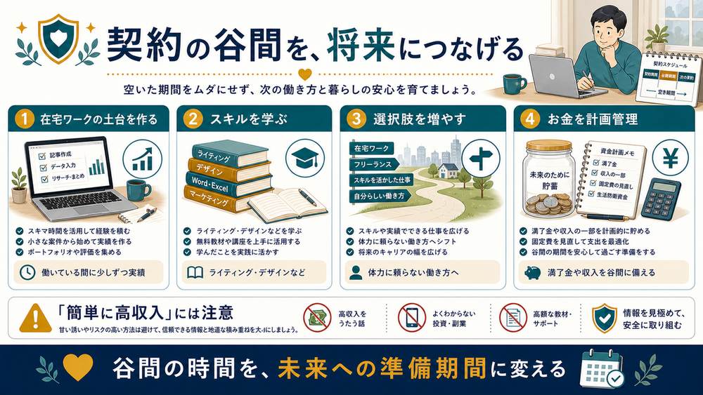 契約の谷間を在宅ワークの土台作り、スキル学習、選択肢作り、お金の計画管理に使い将来につなげる図解
