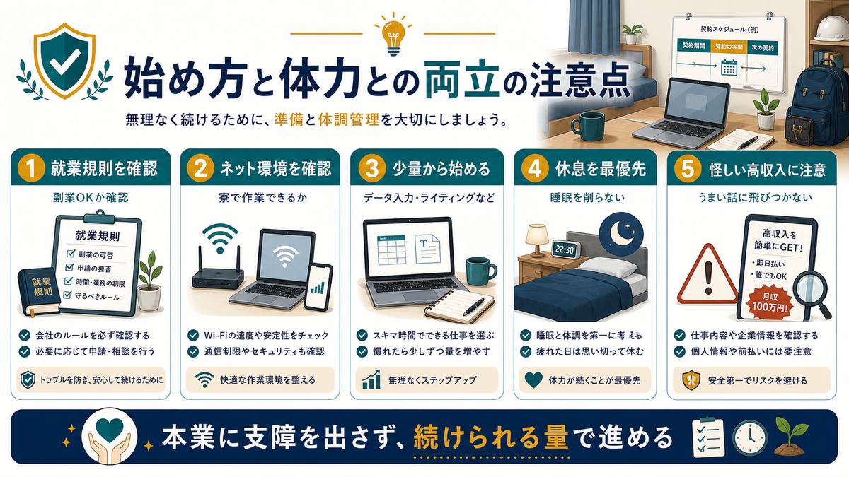 期間工や季節労働の副業で就業規則、ネット環境、少量開始、休息優先、怪しい高収入話への注意を整理した図解
