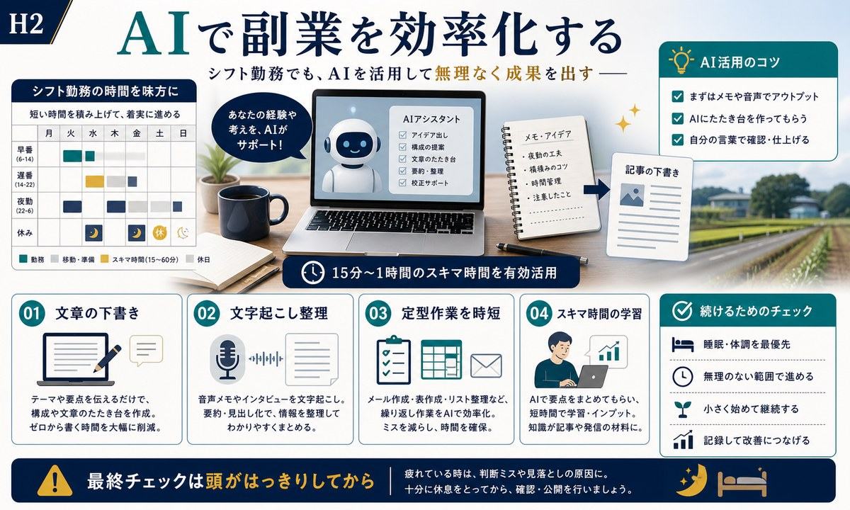AIで文章の下書き、文字起こし整理、定型作業の時短、スキマ時間の学習を効率化する図解