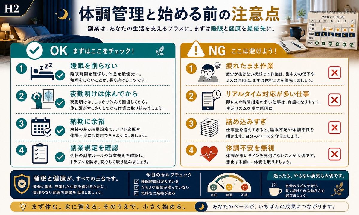 睡眠を削らず夜勤明けは休んでから取り組み納期に余裕を持ち副業規定を確認する注意点の図解