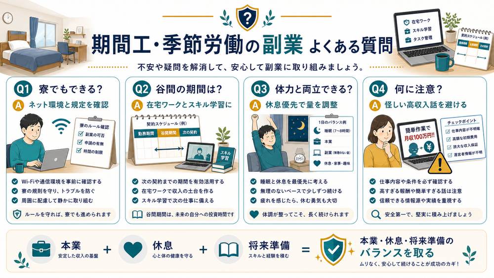 期間工や季節労働の副業FAQとして寮でできるか、谷間の期間の使い方、体力との両立、怪しい高収入話への注意を整理した図解