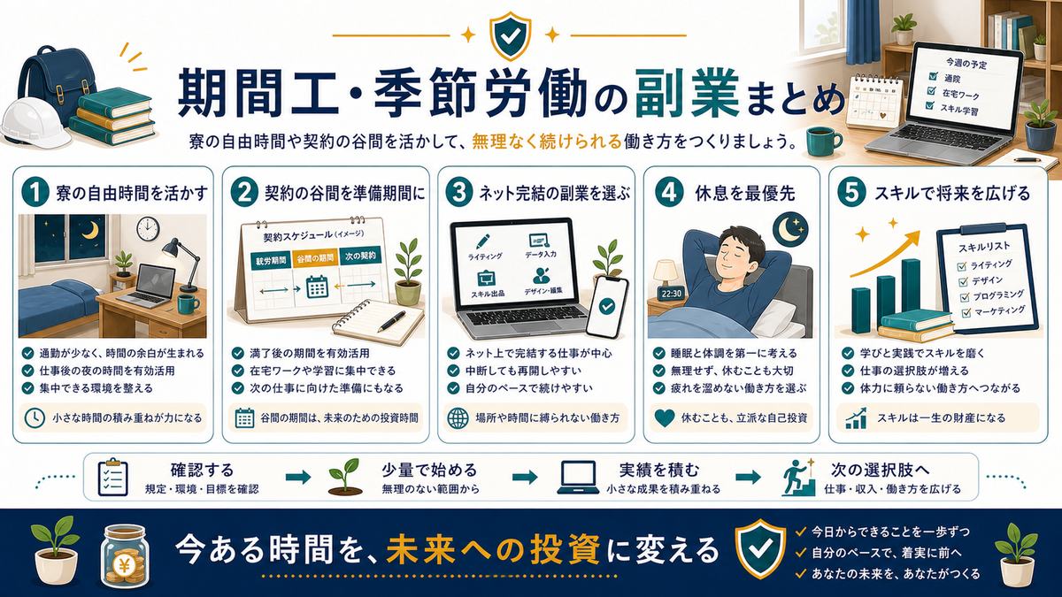 期間工や季節労働の副業を寮の自由時間、契約の谷間、ネット完結副業、休息優先、スキルで将来を広げる流れでまとめた図解