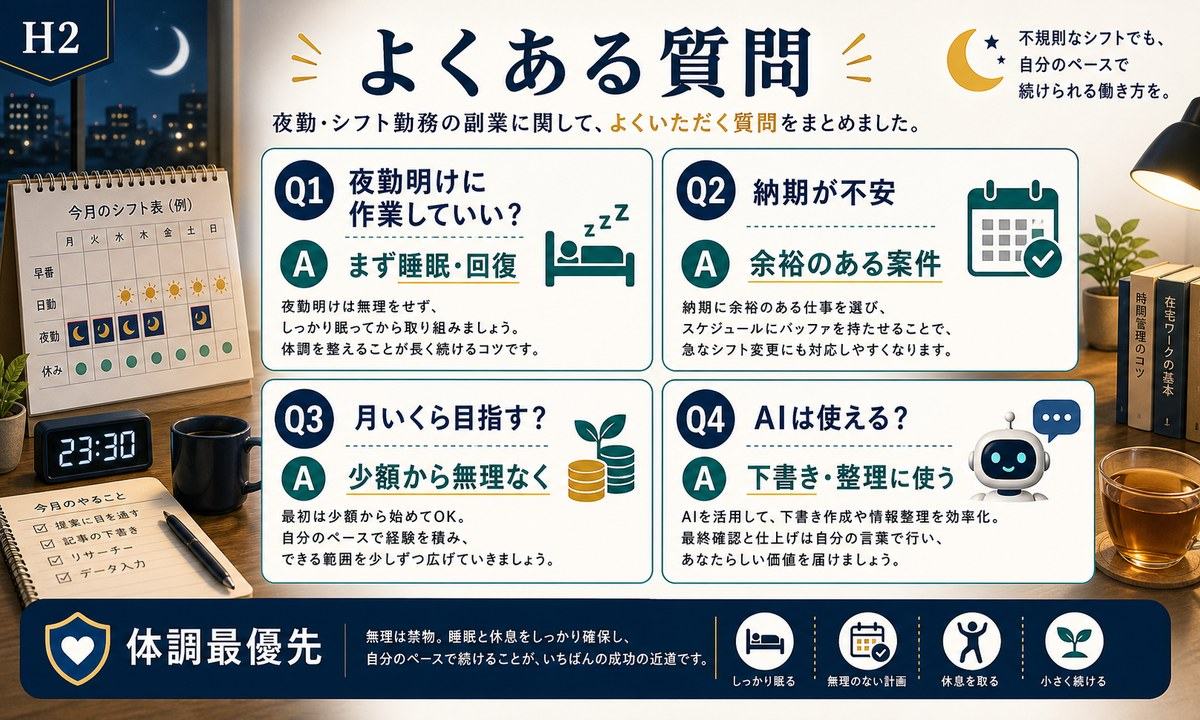 夜勤明けはまず睡眠、納期は余裕のある案件、少額から無理なく、AIは下書きと整理に使うFAQ図解