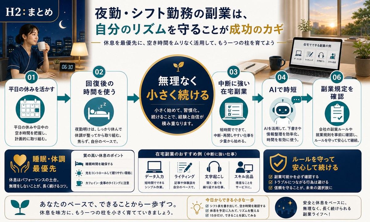 平日の休みと回復後の時間を活かし中断に強い在宅副業を選びAIで時短し睡眠体調を最優先にするまとめ図解