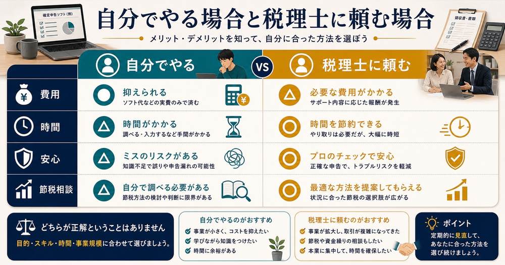 副業の確定申告を自分でやる場合と税理士に頼む場合の費用、時間、安心、節税相談を比較した図解
