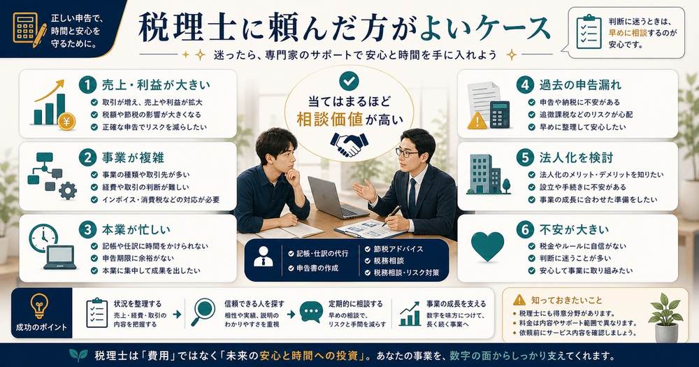 売上利益が大きい、事業が複雑、本業が忙しい、申告漏れ、法人化、不安が大きい時に税理士相談を検討する図解