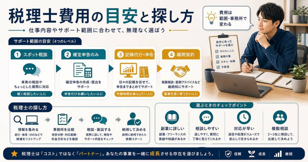 税理士費用はスポット相談、確定申告のみ、記帳代行と申告、顧問契約など頼む範囲で変わる図解