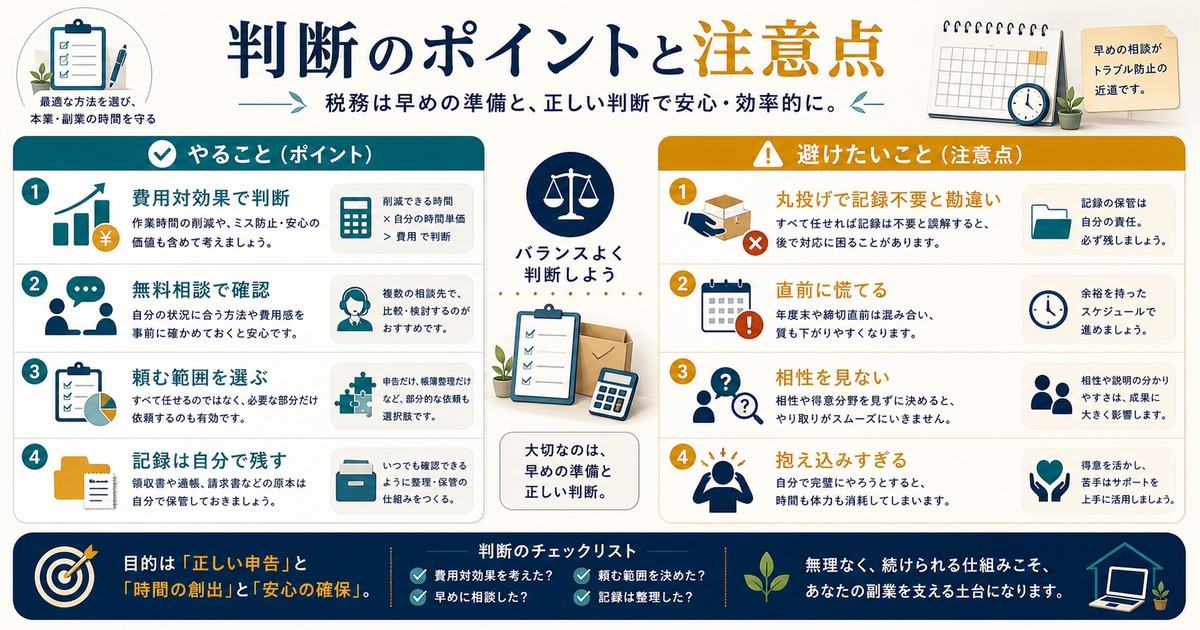 税理士に頼むかは費用対効果、無料相談、頼む範囲、記録保持で判断し丸投げや直前相談を避ける図解