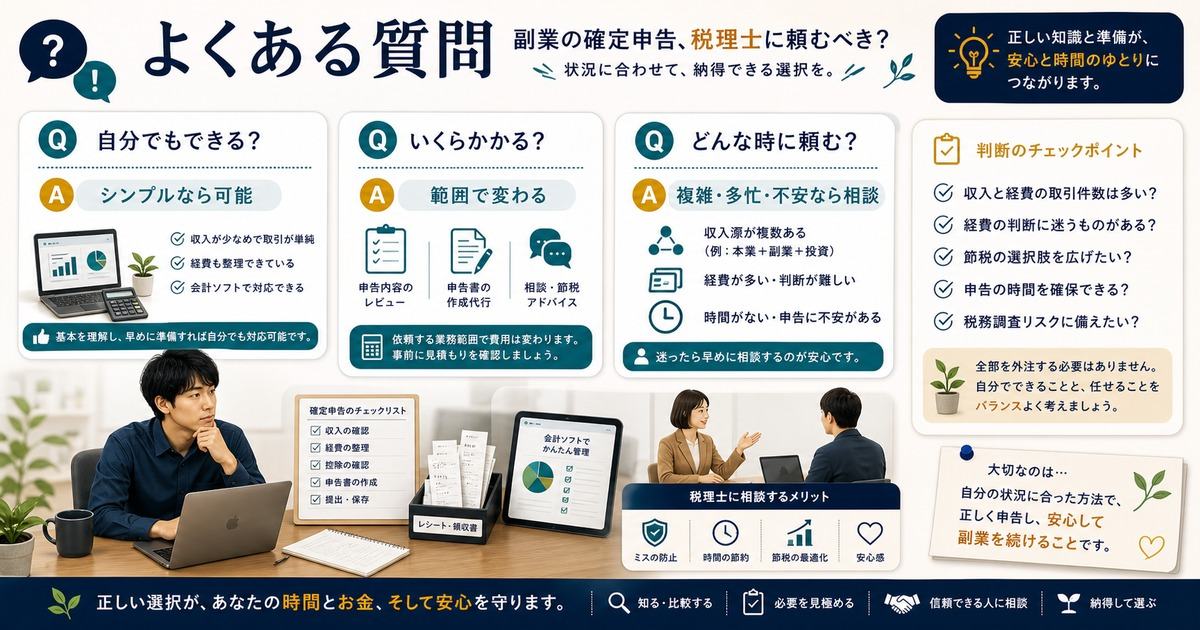 副業の確定申告は自分でできるか、税理士費用はいくらか、どんな時に頼むかをFAQで整理した図解