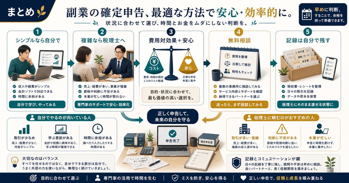 副業の確定申告はシンプルなら自分で、複雑なら税理士へ相談し費用対効果と安心で判断するまとめ図解