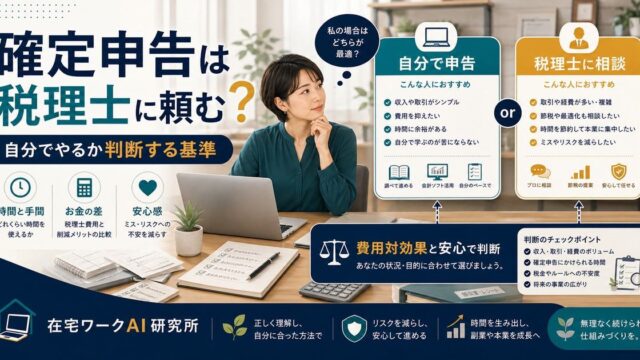 副業の確定申告を税理士に頼むか自分でやるか判断する基準を示す在宅ワークAI研究所のアイキャッチ画像