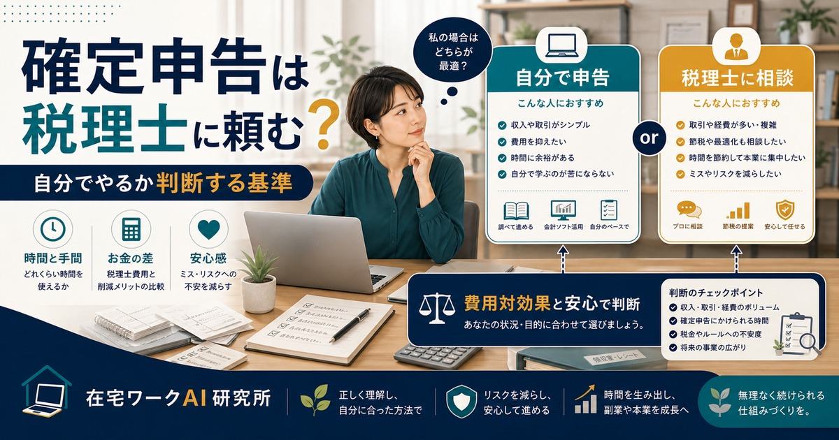 副業の確定申告を税理士に頼むか自分でやるか判断する基準を示す在宅ワークAI研究所のアイキャッチ画像