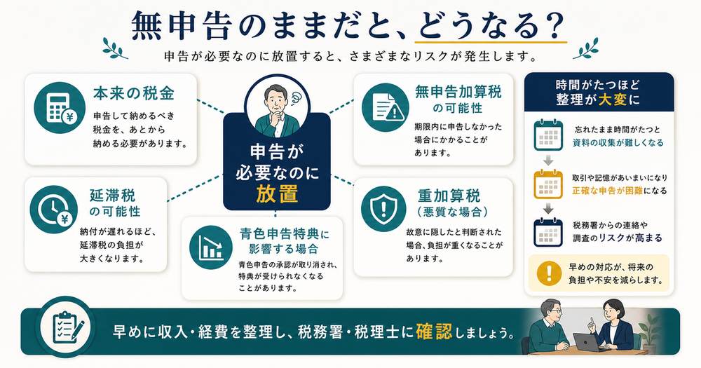 申告が必要なのに無申告のまま放置した場合に本来の税金や無申告加算税、延滞税などの確認が必要になる図解