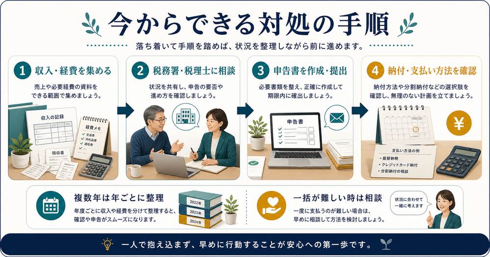副業の確定申告忘れに今から対応するために収入と経費を集め相談し申告書を作成提出して納付を確認する図解
