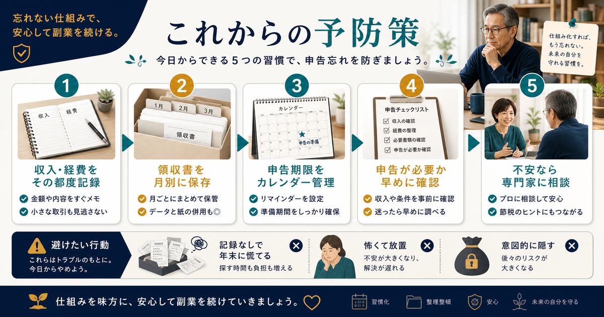 副業の確定申告を忘れないために収入経費の記録、領収書保存、期限管理、早めの確認、専門家相談を行う図解