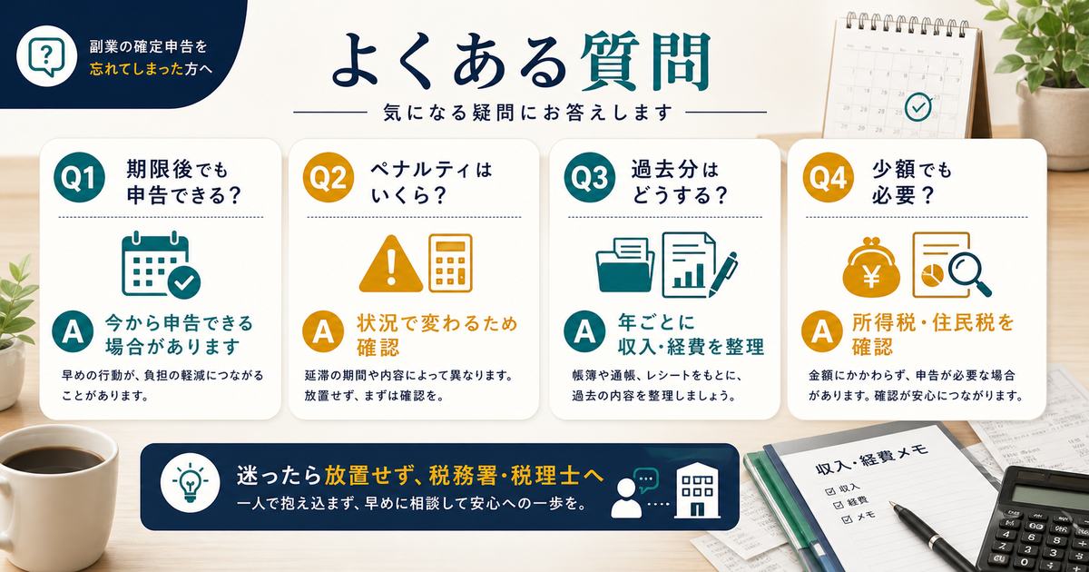 期限後申告、ペナルティ、過去分、少額副業の申告についてよくある質問を整理した図解