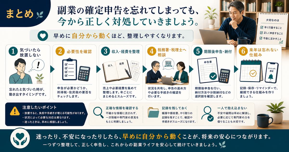 副業の確定申告を忘れても放置せず必要性確認、収入経費整理、相談、期限後申告、再発防止へ進むまとめ図解