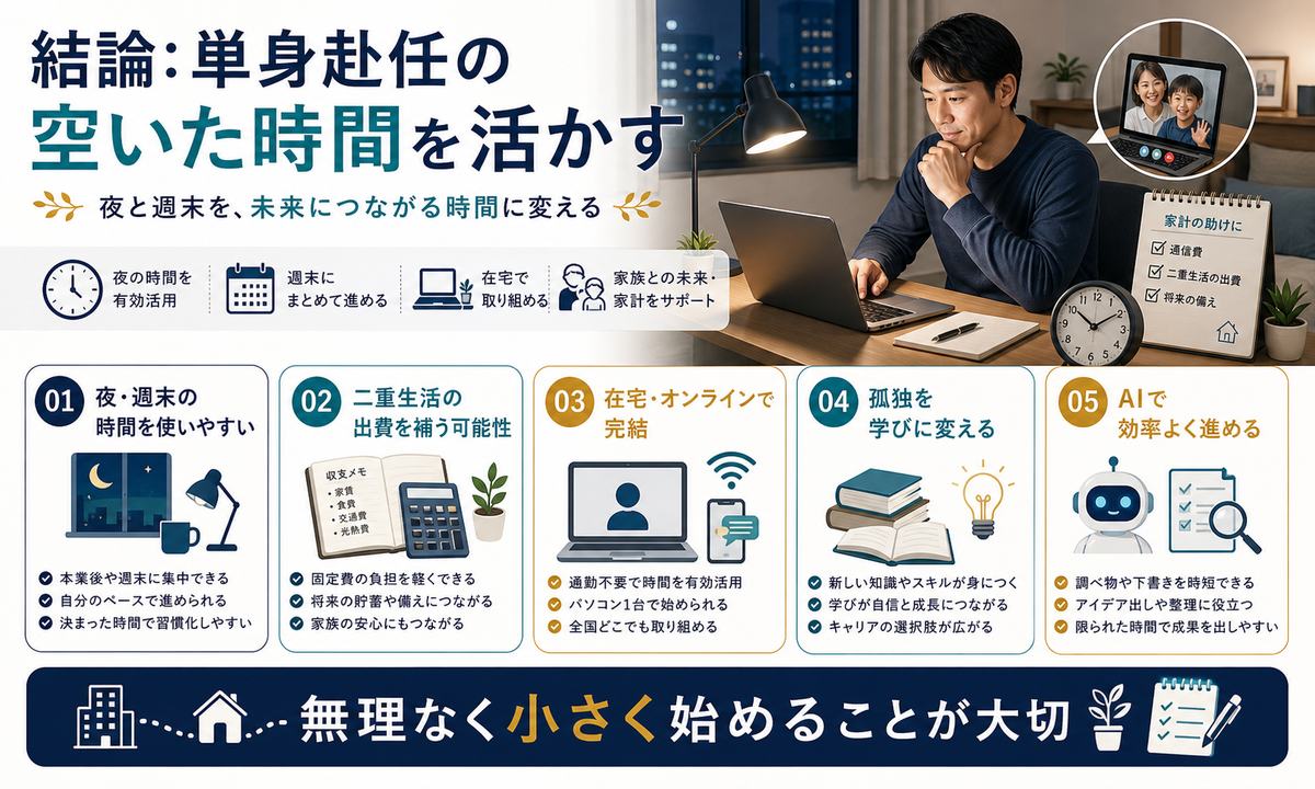 単身赴任の空いた時間を副業や学びに活かす要点図