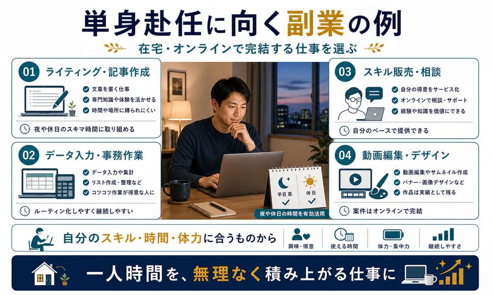 単身赴任に向く在宅副業の例を整理した図解