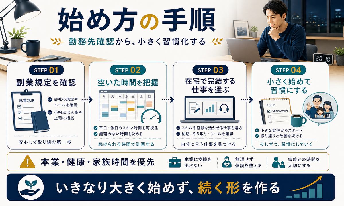 単身赴任中に副業を始める手順をまとめた図解