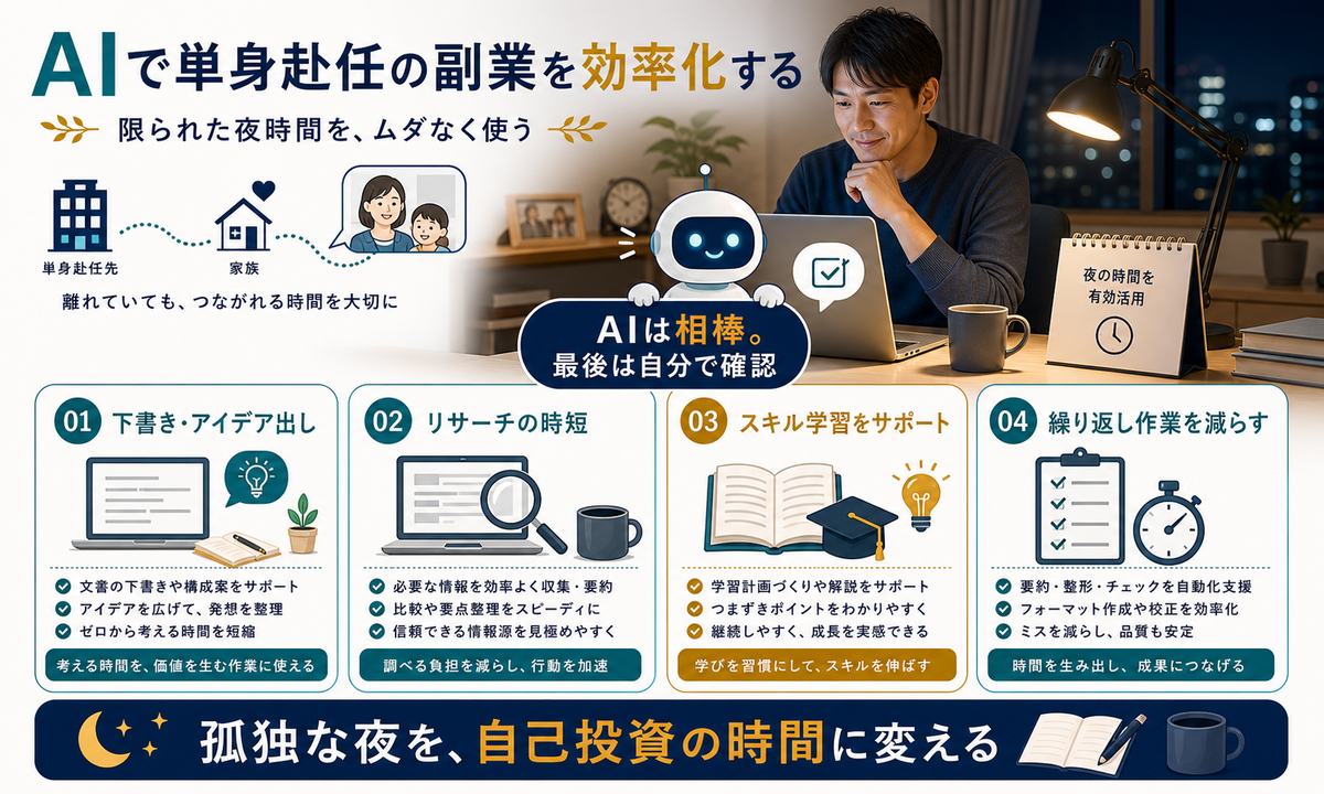 単身赴任中の副業をAIで効率化する方法の図解