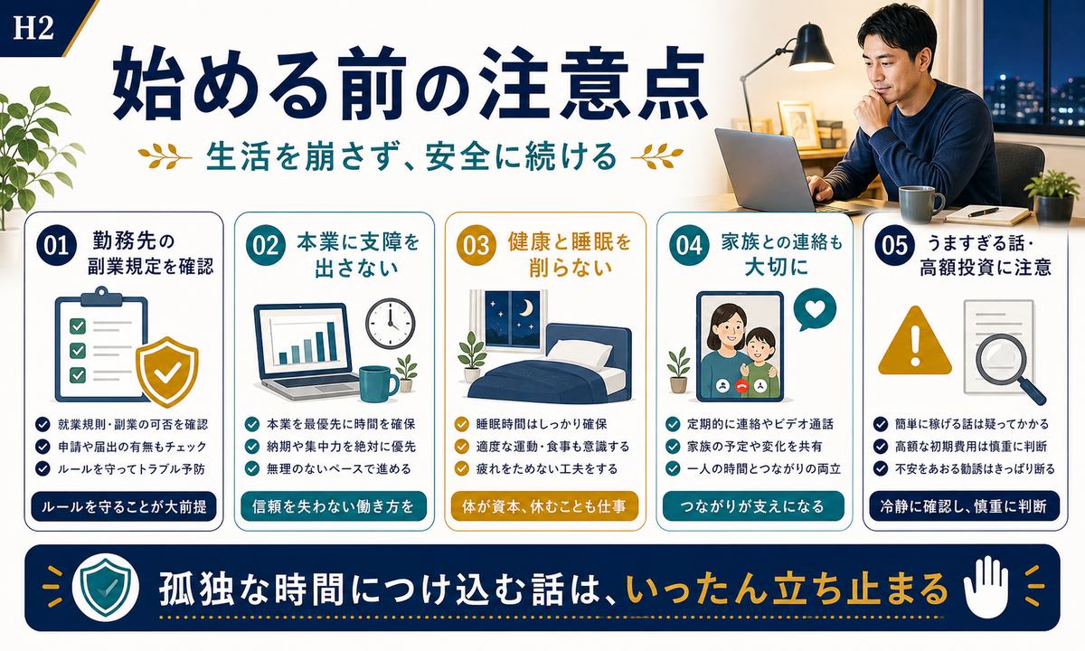 単身赴任中に副業を始める前の注意点をまとめた図解