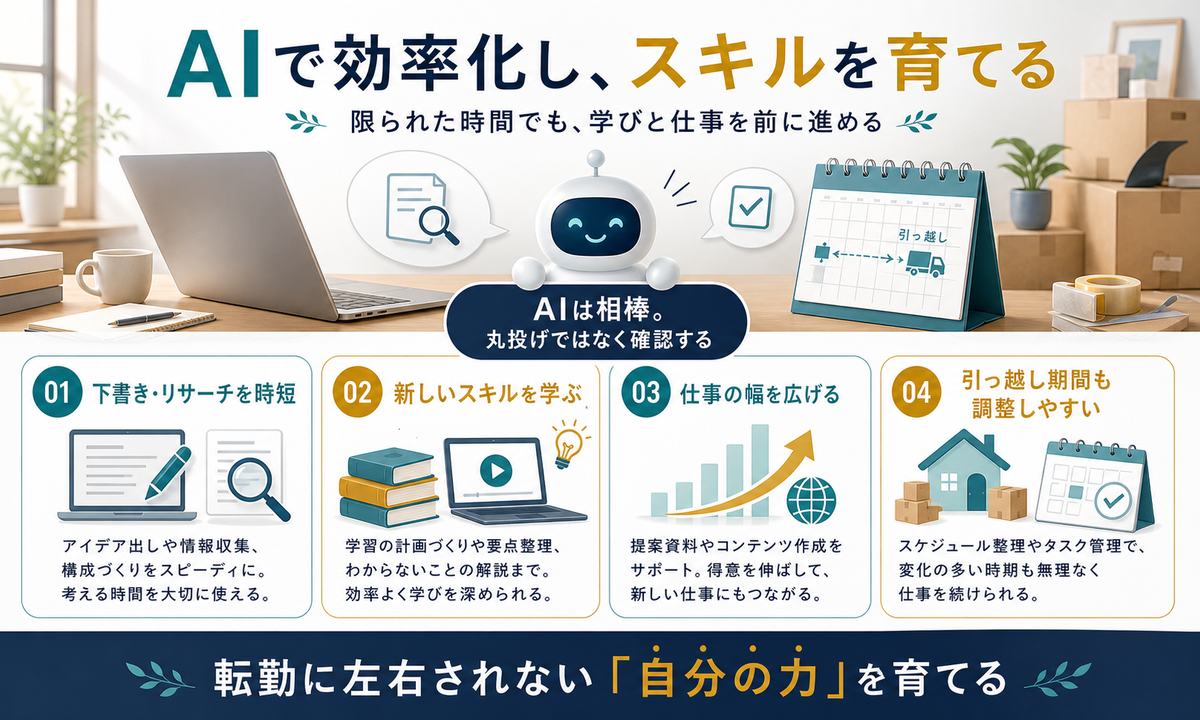 転勤族の配偶者がAIで在宅ワークを効率化しスキルを育てる図解