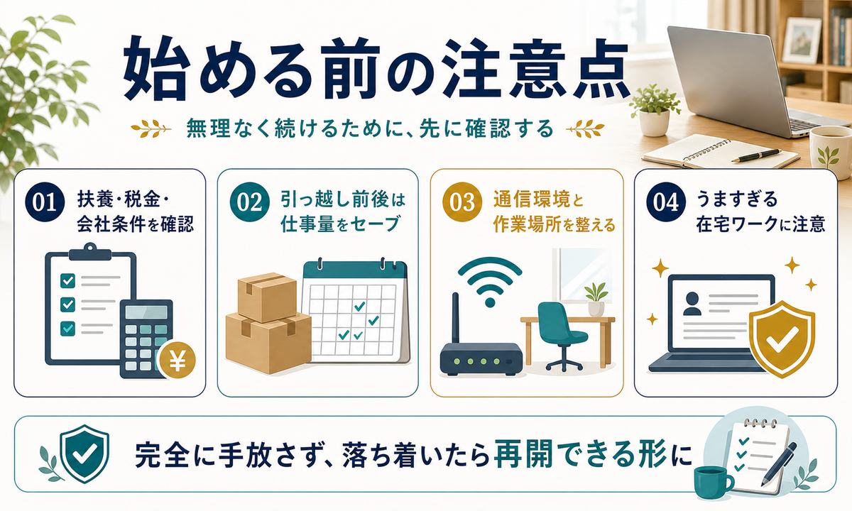 転勤族の配偶者が在宅ワークを始める前に確認したい注意点の図解