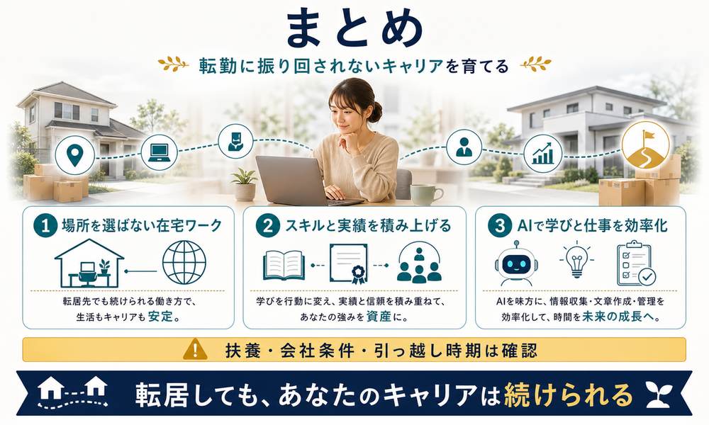 転勤族の配偶者が在宅ワークでキャリアを続けるためのまとめ図