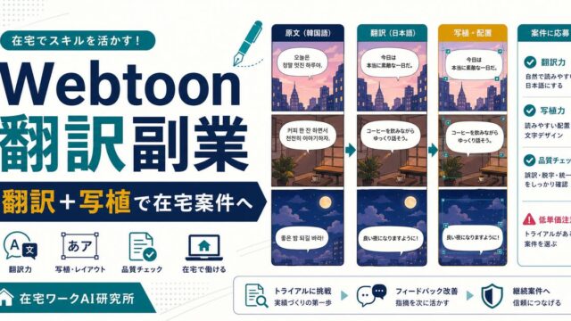 Webtoon翻訳と写植で在宅案件に進む流れを示すアイキャッチ画像