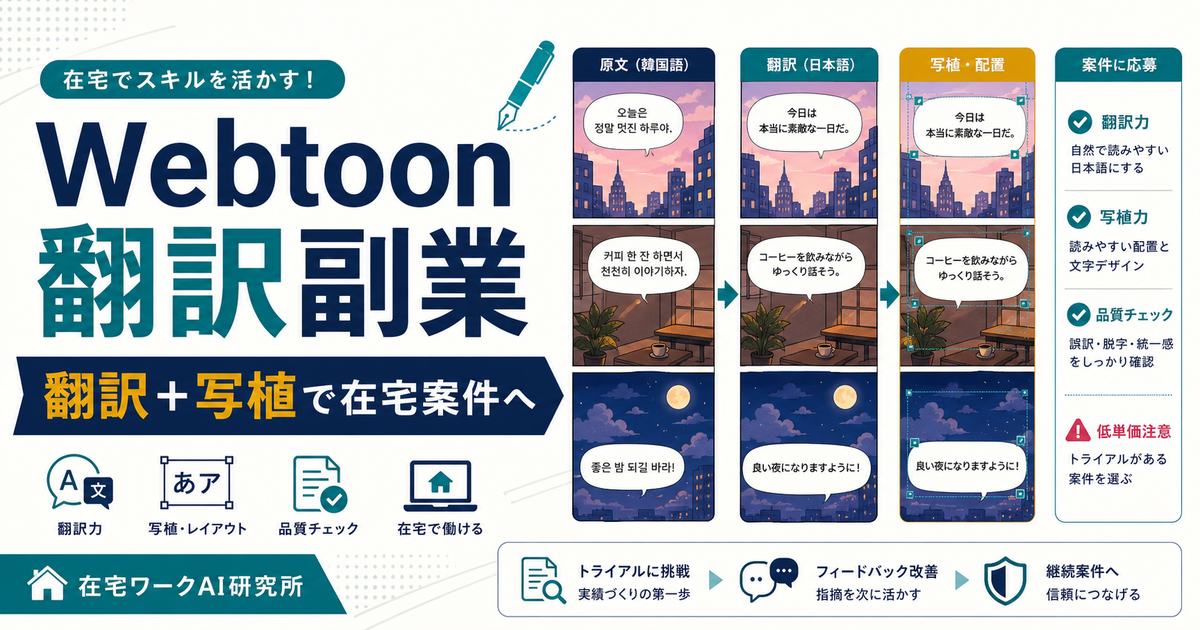 Webtoon翻訳と写植で在宅案件に進む流れを示すアイキャッチ画像