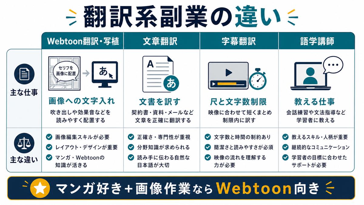 Webtoon翻訳文章翻訳字幕翻訳語学講師の作業内容の違いを比較した図