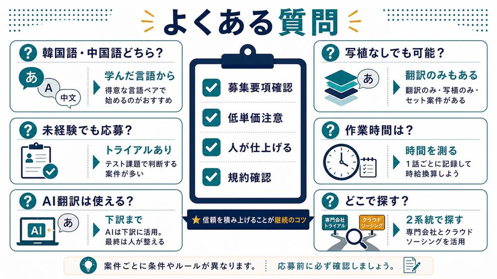 Webtoon翻訳副業の言語写植未経験作業時間AI翻訳案件探しに関するFAQ図