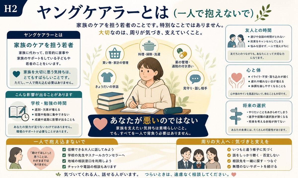 ヤングケアラーとは家族のケアを担う若者で学校や友人との時間や心と体や将来に影響が出ることがある図解