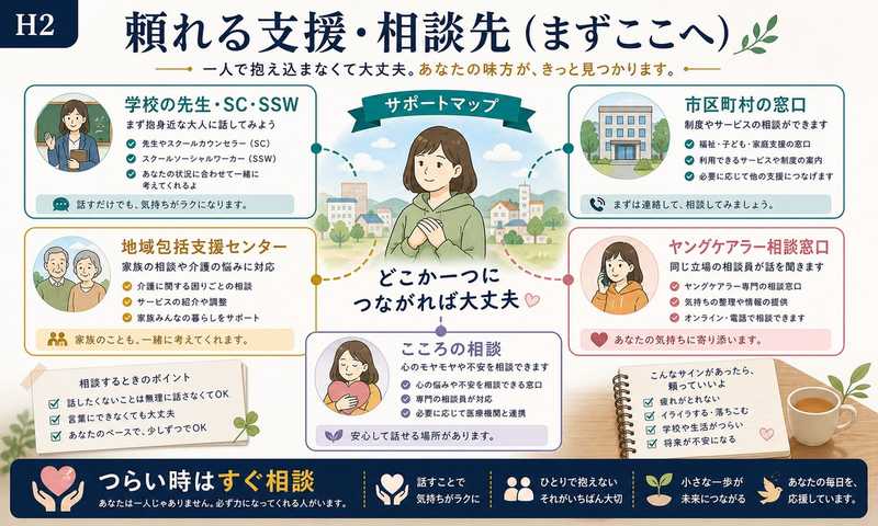 学校の先生、スクールカウンセラー、スクールソーシャルワーカー、市区町村窓口、地域包括支援センター、ヤングケアラー相談窓口の図解