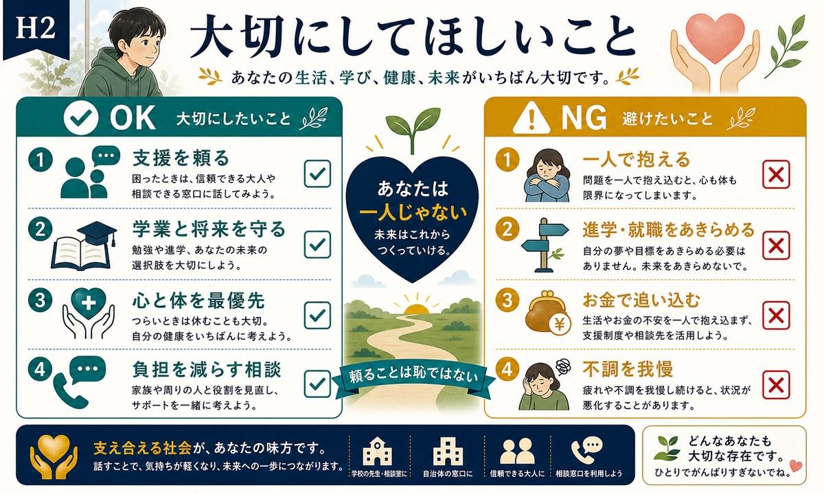 ヤングケアラーが支援を頼り学業と将来を守り心と体を最優先にし一人で抱えずお金で追い込まない注意点の図解