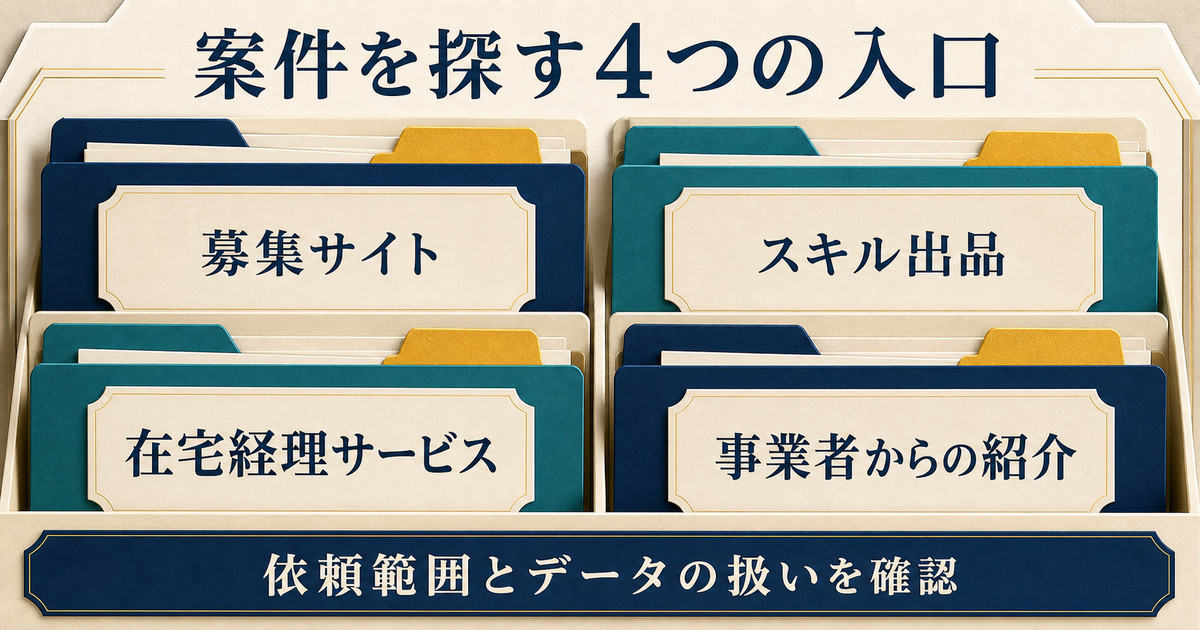 募集サイト・スキル出品・在宅経理サービス・事業者紹介という経理副業案件の4つの入口の図