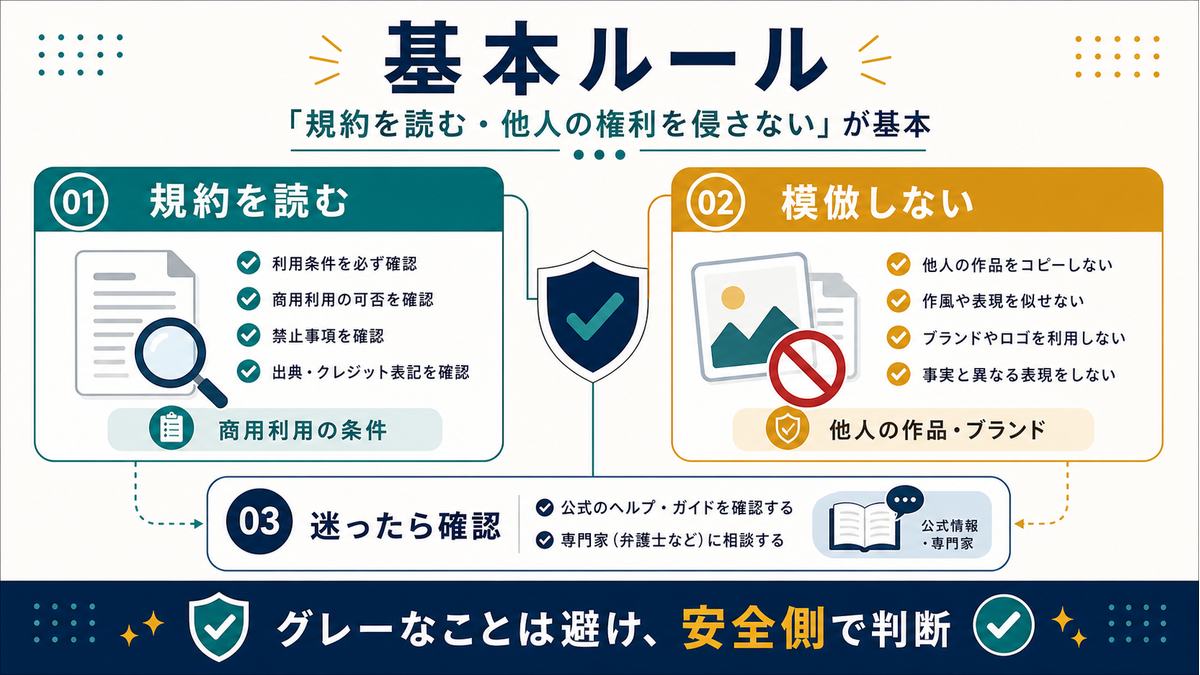 AI生成物を使う基本ルールとして規約を読む、模倣しない、迷ったら確認することを示す図解