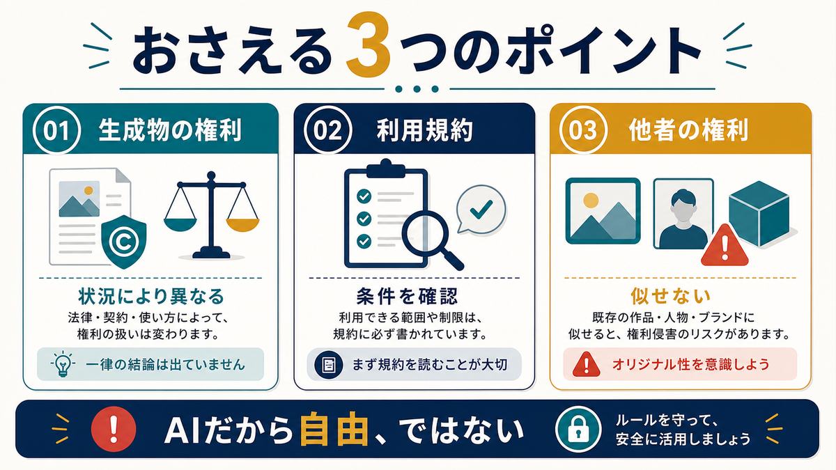 AI生成物の注意点として生成物の権利、利用規約、他者の権利の3つを整理した図解