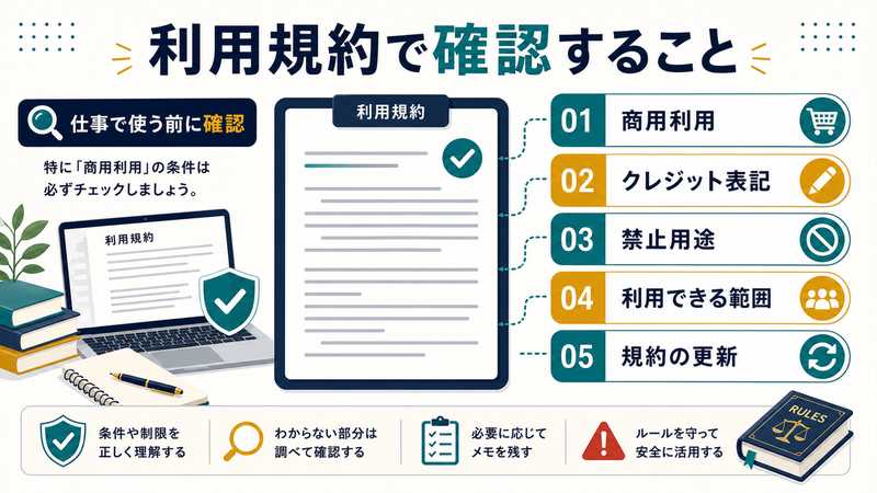 AIサービスの利用規約で商用利用、クレジット表記、禁止用途、利用できる範囲、規約の更新を確認する図解