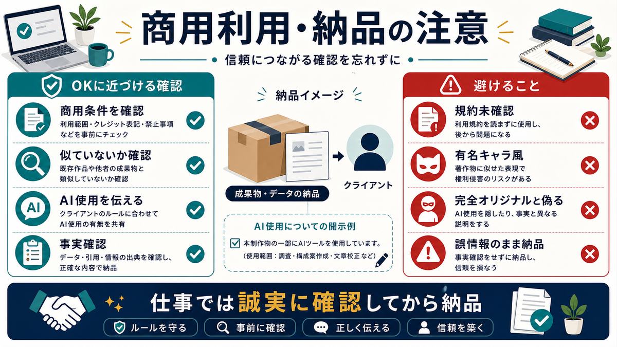 AI生成物の商用利用と納品で商用条件、既存作品との類似、AI使用の共有、事実確認を行うことを示す図解
