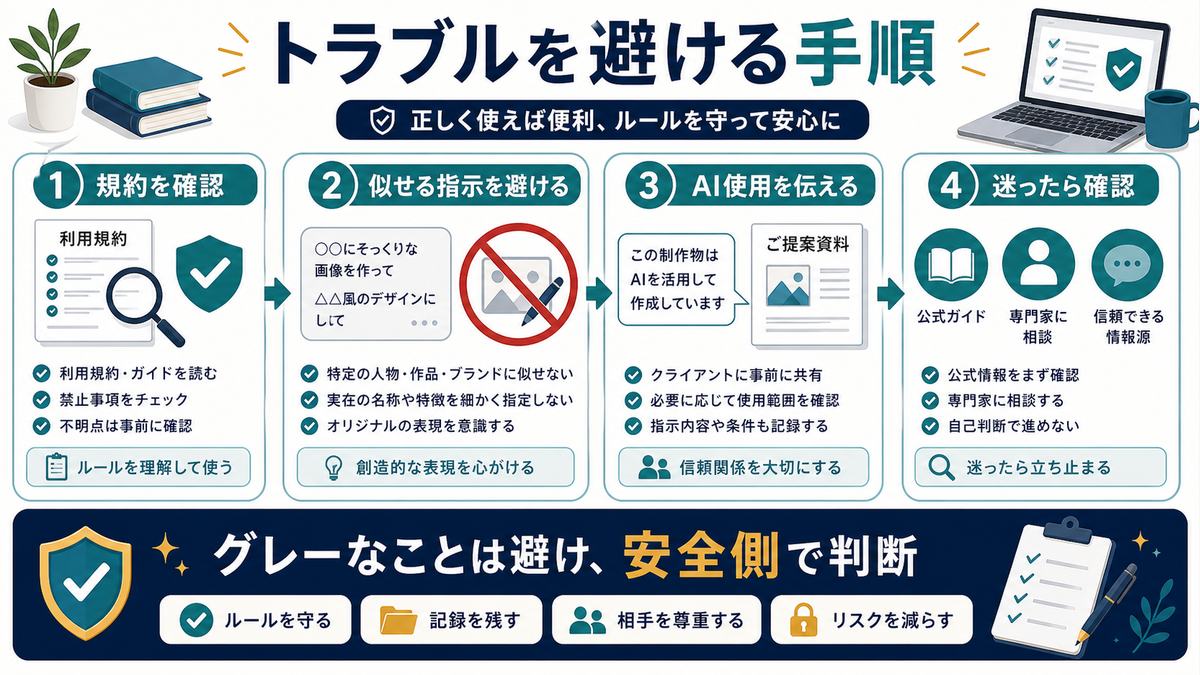 AI生成物のトラブルを避ける手順として規約確認、似せる指示を避ける、AI使用を伝える、迷ったら確認を示す図解
