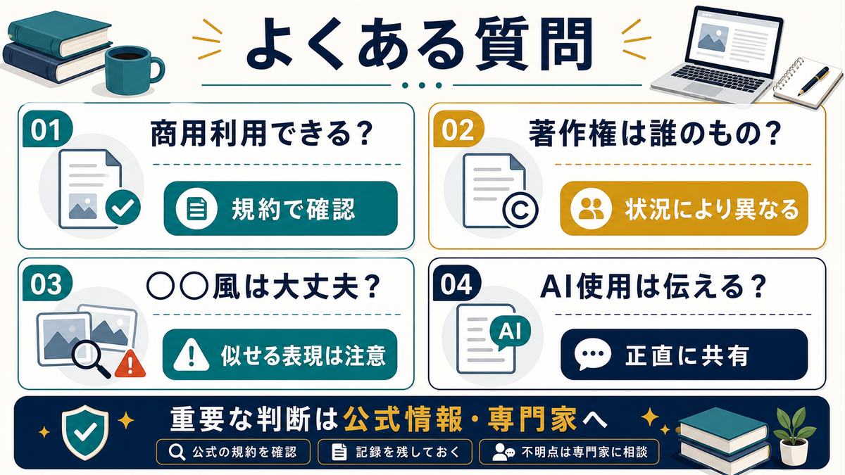 AI生成物のよくある質問として商用利用、著作権、〇〇風の指示、AI使用の共有をまとめたFAQ図解
