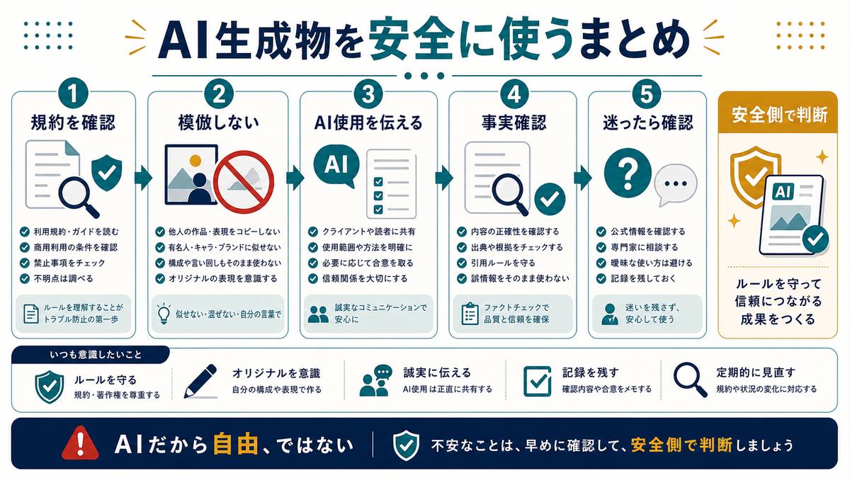 AI生成物を安全に使うまとめとして規約確認、模倣しない、AI使用を伝える、事実確認、迷ったら確認を示す図解