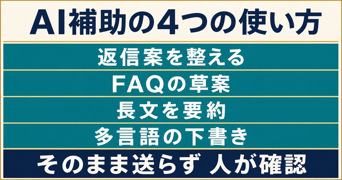 返信案・FAQ草案・長文要約・多言語下書きをAIで補助し送信前に人が確認する図