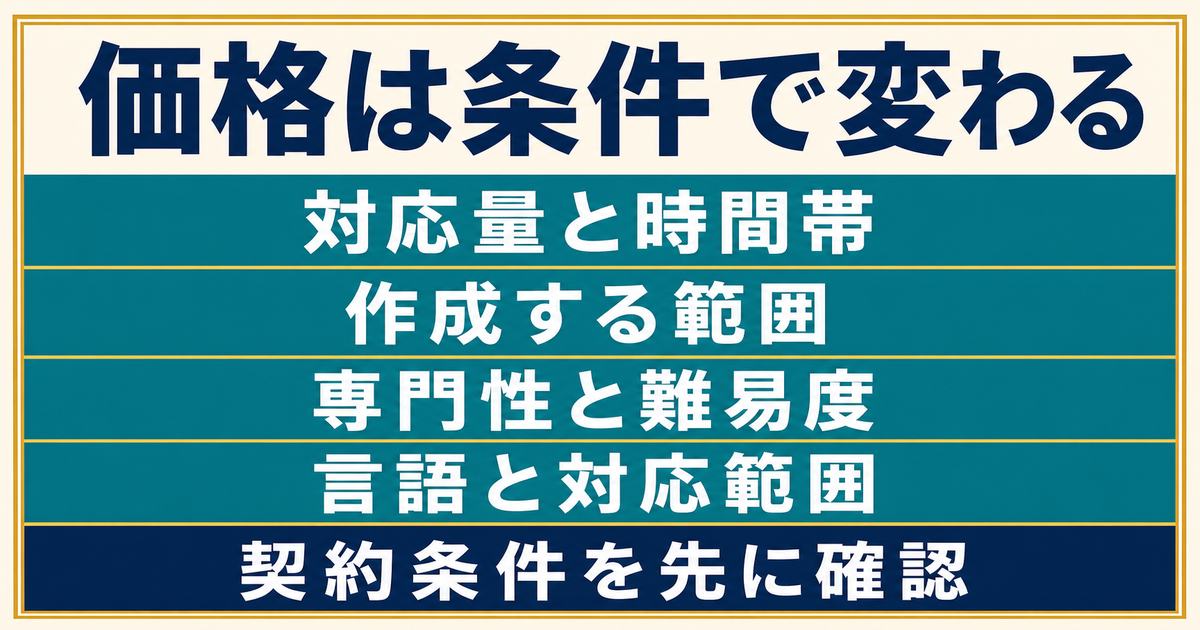 対応量・時間帯・作成範囲・専門性・言語・対応範囲でCS代行の価格条件が変わることを示す図
