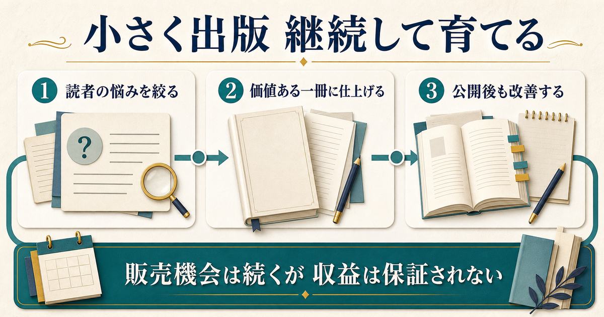 読者の悩みを絞り価値ある電子書籍を作って公開後も改善する3段階の図