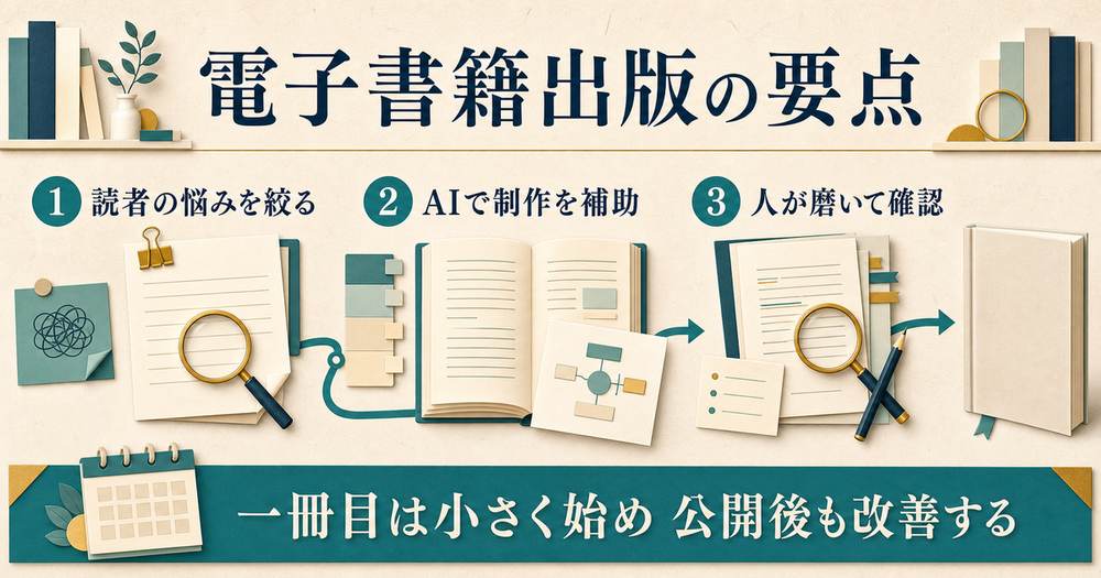 読者の悩みを絞りAIで補助して人が磨き電子書籍を公開・改善する要点の図